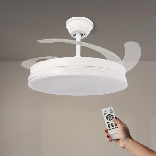 LEDUNI Ventilador de Techo LED con Aspas Plegables Control Remoto,66W, 30W Motor DC+36W Luz 2880LM 2880LM Luz Integrada, Color Blanco CCT 3000-4000-6000K (Blanco Olga)