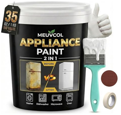 Meuvcol Appliance Paint White, 35 Oz Refrigerator Paint For Metal & Plastic Surface, Touch Up Coating For Fridge, Dishwasher, Washer, Microwave, Rust Preventative Coating With Tool