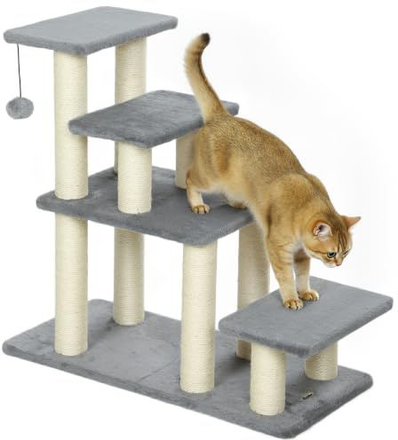 PawHut Escalera para Mascotas Ajustable de 3/4 Peldaños para Gatos Gris | con Postes Rascadores y Bola Colgante, para Alféizares, Sofá y Cama