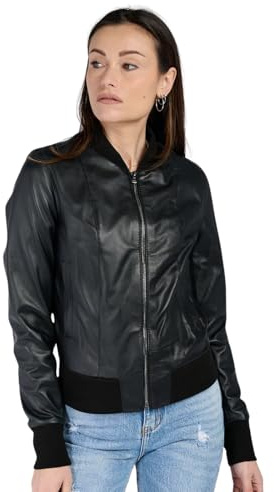 BARONE Giubbotto Bomber in Vera Pelle, Giacca Vintage da Donna, Nero, Made in Italy, Stile Moderno con Chiusura a Cerniera