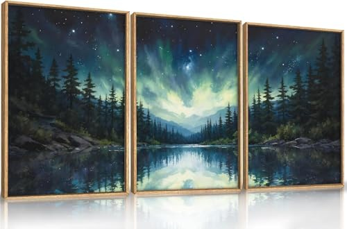 TOARTi 3er Set Nordlichter Wandkunst Wald See Poster 30x40cm Sternenhimmel Landschaft Leinwand Wanddekoration Natu Leinwand Kunst Wohnzimmer Schlafzimmer Büro Rustikale Poster Deko