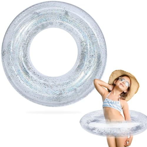 Transparent Schwimmreifen 75cm Schwimmring Aufblasbar Schwimmring Erwachsene, Schwimmring Groß Glitzer PVC Schwimming Ring mit Pailletten für Sommer Pool Party