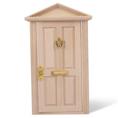 Mini Door, Dollhouse Door with Functional Hardware -1/12 Scale Wooden Miniature with Pointed Top, Golden Knocker, Handle & Mail Slot for DIY Dollhouse Furniture, Small