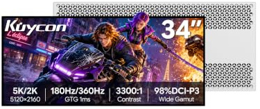 Kuycon W34KB 34'' 5K Monitor, IPS,180Hz,Honeycomb senza supporto | 5120*2160,163ppi, 21:9, 3300:1 Contrasto, Funzione carica USB-C 100W, Regolabile in altezza, Montaggio a parete