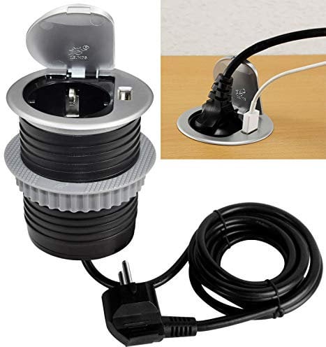ChiliTec Versenkbare Steckdose für Schreibtisch/Arbeitsplatte 230V mit Anschlusskabel (Steckdose + USB)