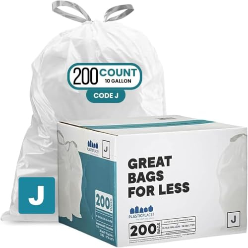Plasticplace Custom Fit Bin Bags Compatible with Code J, White Drawstring Bin Liners, 10-10.5 Gallon / 38-40 Liters, 21 x 28, Tear-Resistant 1.2 Mil, 200 Count (Pack of 1)