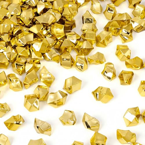 DomeStar 150PCS Gold Acrylic Ice Rocks – Faux Gems Nuggets Vase Fillers Pot of Gold, Glitter Party Decorations, DIY Crafts & Table Scatter
