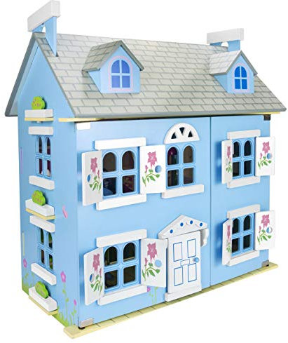 Leomark Belle Alpine Maison De Poupée - en Bois - avec des Meubles Et De La Famille De Poupées, Couleur Bleu, Jouet pour Enfants +Bracelet