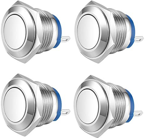 Gebildet 16mm Testa Piatta SPST Pulsante Momentaneo Impermeabile, Auto-Reset Interruttore a Pulsante in Metallo in Acciaio Inox, Terminali a Saldare DC 6V/12V/36V/48VAC 110V/230V 3A 1NO