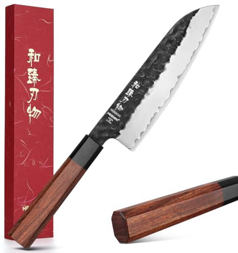 HEZHEN 18,5cm Santoku Messer, Verkleideter Stahl Kochmesser, Geschmiedet Japanischer Stil Gyuto Messer, Achteckiger Holzgriff
