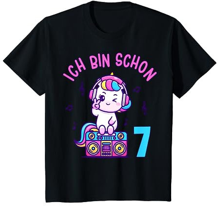 Kinder Mädchen Einhorn mit Kopfhörern Ghettoblaster ich bin schon 7 T-Shirt