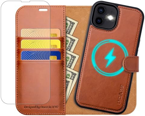 OCASE iPhone 12 Hülle(2in1) Leder Stoßfestes Case [Abnehmbare magnetische Hülle] [Kabelloses Laden] [mit Schutzfolie] iPhone 12 Pro Handyhülle RFID Schutzhülle Etui Klapphülle Braun