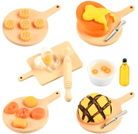 Miniatur Wichtel Zubehör 1/12 Miniatur Puppenhaus Zubehör, Miniatur Essen Set Miniatur Backen Zubehör, Miniatur Küchen Backset Miniatur Eier Brot Kekse Nudelholz, für Puppenhausküche Dekorationen