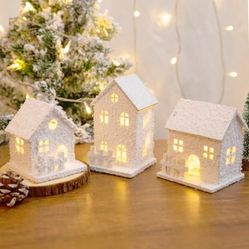 URMAGIC Lot de 3 maisons de village de Noël en bois éclairées avec neige, 12 x 7 cm, figurines blanches, décoration de bureau