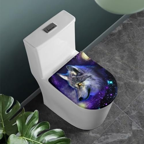 COEQINE Wolf Print Toilet Lid Cover Elongated,Cool Animal Bathroom Stretch Spandex Washable Toilet Lid Seat Cover Preotector Protector Cover With Elastic