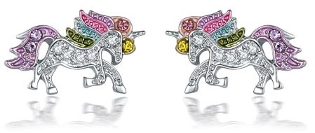 Clataly Regenbogen Einhorn Halskette Ohrringe Kristall Armbänder Schmuck für Frauen und Mädchen (Silberohrringe)