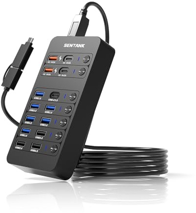SENTANK USB Hub Powered by 14 Ports, USB Data Hub Splitter with 6 USB 3.0 Ports, 4 Charging Ports, 1 USB-C 3.0 Data Port, 1 60W PD Charging Port with Switches
