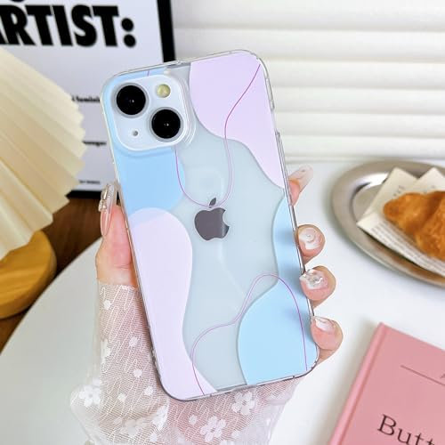 DEFBSC Compatible with iPhone 14/13 Case, Transparent Color Mix Aesthetic Design Soft TPU Bumper Slim Thin Shock-Absorbing Protective Phone Cover - Blue Pink