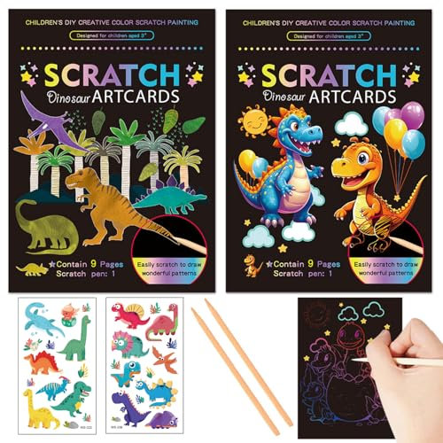 Georgie Porgy Kratzbilder Set DIY Bastelsets für Kinder Magic Rainbow Scratch Paper Kratzpapier Kratzbuch Ostern Weihnachten Geburtstagsgeschenk für Jungen Mädchen (Dinosaurier 2 Stück)