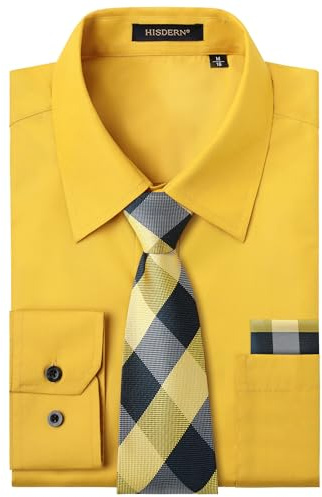 HISDERN Mens Yellow Shirt and Tie Set Long Sleeve Solid Dress Shirts Long Sleeve Casual Wedding Party Regular Fit M