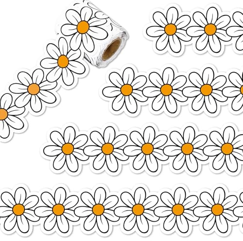 Whaline 32.8 Ft Retro Daisy Flower Bulletin Board Border White Yellow Groovy Daisy Floral Die-Cut Border Trim for Back to School Chalkboard Wall Decoration