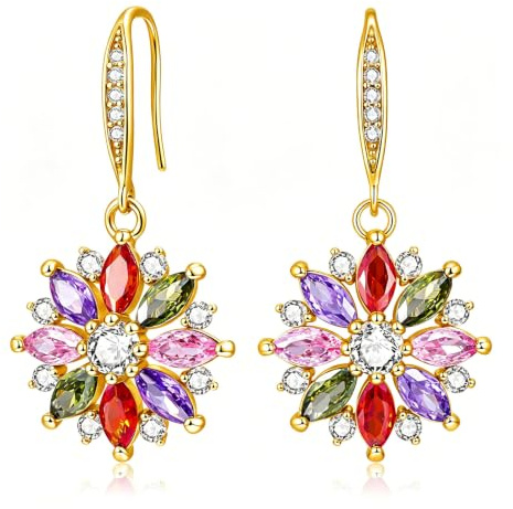 VONSSY Bunte Schneeflocke Ohrringe Ohrstecker Tropfen Ohrhänger Roségold Zirkonia Kristall Multi Edelstein Granat Amethyst Morganit Peridot Strass Schmuck Geschenk für Frauen Frau Freundin