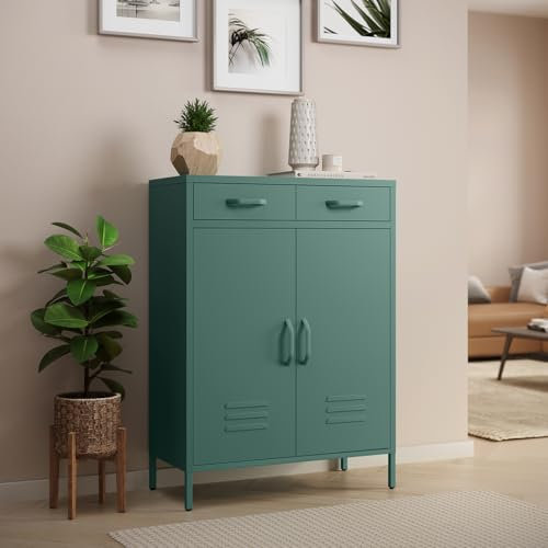 skølm Kommode Atria, Sideboard für Wohnzimmer, Metall Kommode mit Doppeltür und Schubladen, Metallschrank, Mehrzweckschrank dunkelgrün Maße 110x80x38 cm