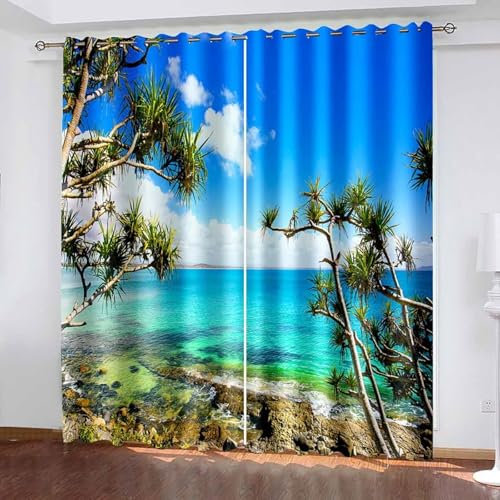 KnSam 2er Set Vorhang Blickdicht, Baum Meer Muster Vorhänge mit Ösen Gardinen Deko Ösenvorhang Dekoschal, Blau Grün Dekogardinen für Schlafzimmer Wohnzimmer