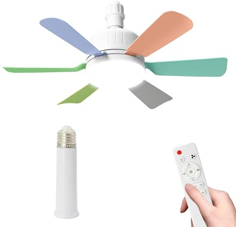 46cm Ceiling Fan Light Bulb Bayonet Fitting, Ceilings Fans with Light & Remote Control, Ceiling Fans Lights Dimmable, E27/B22 Ceilings Lamp with 6 Blade, 3 Speed Timing (E27-colorful+Extension rods)
