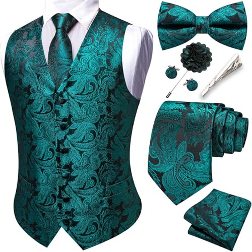 Barry.Wang Men's Green Waistcoat Tie Bowtie Set Hanky Cufflinks Tie Clips