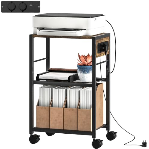HOMCOM Druckerständer mit 3 Ebenen Rollen 42 x 28 x 64,5 cm Rustikalbraun | Steckdosen, Schreibtisch Organizer für Drucker, aus Stahl, Druckertisch, Druckerhalter, Druckerwagen, Büro Office Fax Scanner