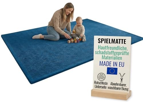 Pillows24 Spielmatte Baby 150x200cm 3cm dick, Abnehmbarer Bezug, rutschfest | Made in EU, aus Cordsstoff, rutschfeste Unterseite, Krabbelmatte Baby als Kinderteppich, Teppich für Kinderzimmer, Blau