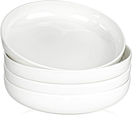 4 Pack 10 inch Large Pasta Bowls, 56 oz Wide Shallow Ceramic Serving Bowls | White Porcelain Salad Bowls for Risotto Curry Rice Stew Fruit, Microwave & Dishwasher Safe