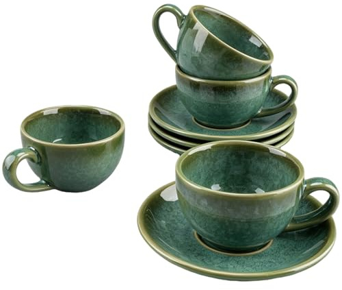 inodiref 4 Espressotassen Set, Keramik Hochwertig, mit Untertassen 90ml | Espresso Tassen Set, Kaffeetassen Set, 4er Esspresotasen mit Untertassen, Spülmaschinenfest Mikrowellenfest(Jadegrün)