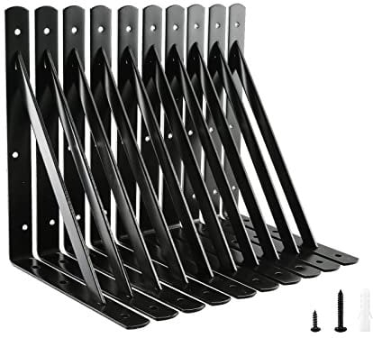 HOME MASTER HARDWARE 30,5 x 20,3 cm robuste Regalhalterungen, Tragfähigkeit: 272 kg, schwarzes Metall, 90 Grad Stützen für Regale, 10 Stück, wandmontierte L-Halterung für schwebende Regale mit