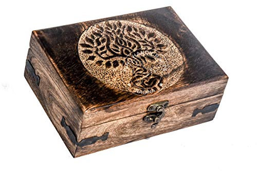 Urne en bois antique faite à la main avec gravure arbre de vie sculptée à la main pour femmes et hommes | Décoration d'intérieur | Boîtes décoratives | Rangement et organisateur (17,8 x 14 x 8,9 cm,
