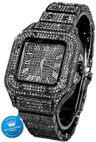 Halukakah Diamanten Gold Uhr, Herren Rhodium Schwarz Plattiert 40MM Breite Quadratisches Zifferblatt Quarz Armband 24cm,Kostenlose Geschenkbox