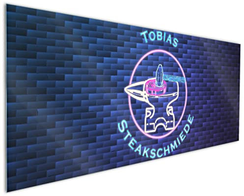 Wallario Küchenrückwand aus Glas 125 x 50 cm, Motiv: Steakschmiede mit Wunschname | Spritzschutz abwischbar & pflegeleicht