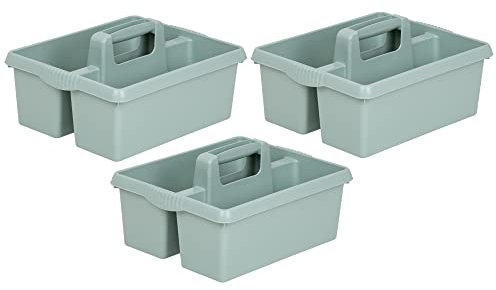 Set of 3 Large Cleaning Caddy With Handles - Plastic Tidy Organiser Tote Tray Basket With Multi Compartment for Cleaners - Utility Carry All for Kitchen Sink Bathroom (Silver Sage)