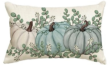 Artoid Mode DREI Blau Kürbisse Eukalyptus Herbst Kissenbezug, 30x50 cm Saisonnal Zierkissenbezug Couch Wohnzimmer Deko