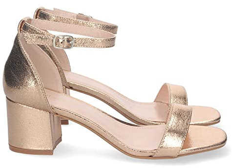shoes&blues.es 74311 Sandalia de Tacon para Mujer, Comoda, con Pala Fina Simple, Estilo Ankle Strap, y Cierre de Hebilla Champan Talla 38