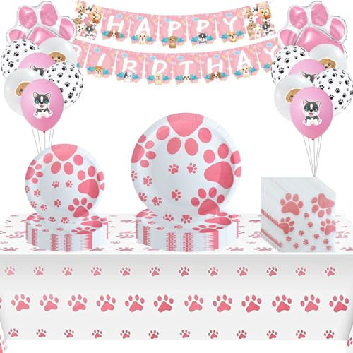 PIUMOJ Dog Party Tableware Set, Paw Dog Party Tableware Set, Party Accessories for Dogs, Napkins, Tablecloth, Balloons, Flags, Pink Paper Plates, Children's Birthday, 10 Guests