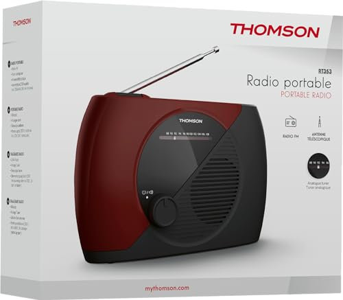 THOMSON Radio Portable FM, Tuner Analogique, Secteur ou Piles - Poste Compact pour Écoute en Tous Lieux, Couleur Rouge et Noir - RT353