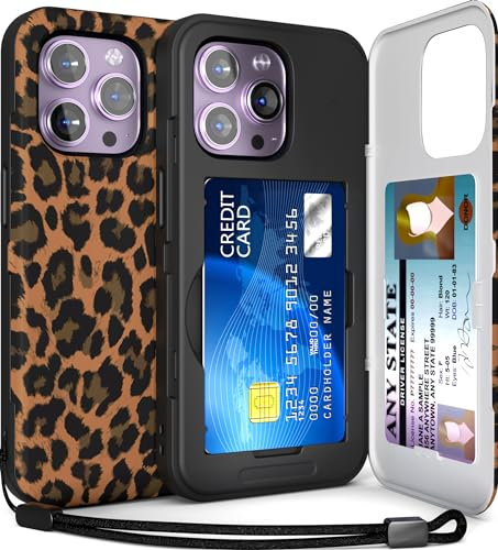 TORU CX SLIM for iPhone 14 Pro Case Wallet | Protective Shockproof Heavy Duty Cover with Hidden Card Holder & Card Slot | Mirror & Wrist Strap Included - Leopard