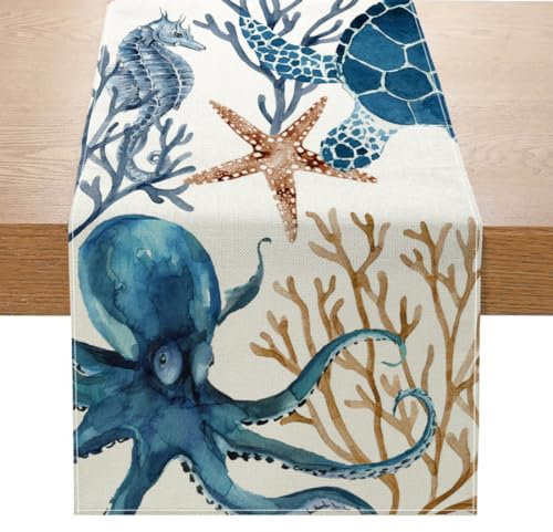 Avoik Camino de mesa de verano con diseño de conchas marinas, temática tropical, decoración de centro de mesa de granja de temporada para cocina, comedor, fiesta, vacaciones, decoración del hogar, 13
