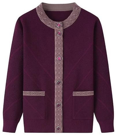 KIJSKKOPO Cardigan da Donna, Maglioni Cardigan Lavorati A Maglia per Persone di Mezza età E Anziane, Cappotto in Maglia A Righe con Bottoni A Girocollo A Maniche Lunghe Viola con Tasca, Giacca Cald