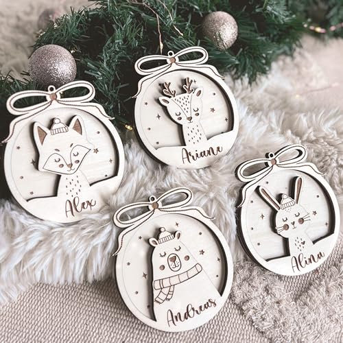 Personalisierte Weihnachtskugeln aus Holz - Christbaumkugeln mit Namen | Verschiedene Sets | Christbaumschmuck | Weihnachtsdeko - Hello mini (3D Tiere, 4er Set)