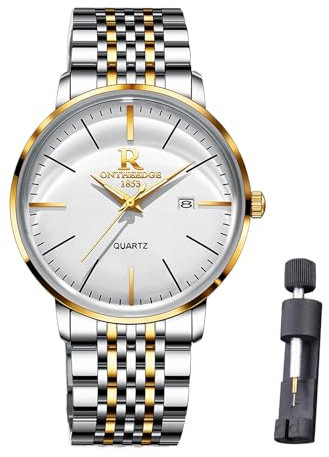 Raitown Herrenuhr Edelstahl, 40mm gewölbtes Glas, Retro-Stil mit minimalistischem Design, Zifferblatt mit Datum, 30M wasserdicht, Analoges Quarzwerk, Männer Armbanduhr Gold