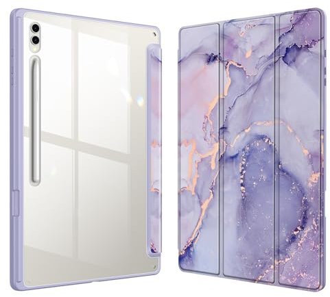 Fintie Hybrid Slim Case for Samsung Galaxy Tab S10 Ultra 2024/ S9 Ultra 2023 14.6 Inch, Shockproof Cover with Clear Transparent Back Shell, Lilac Marble
