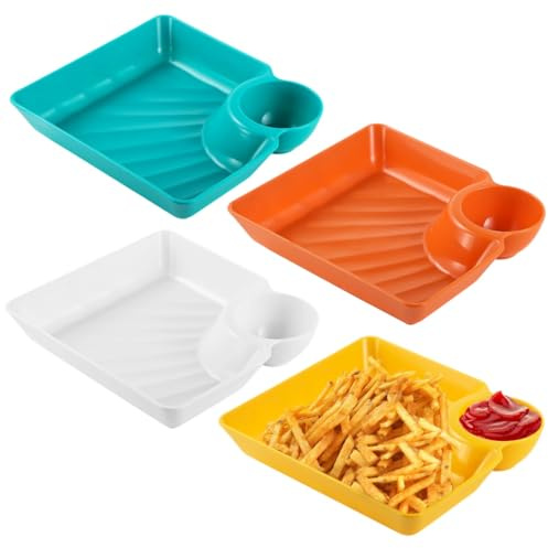 YOFAPA Chip and Dip Serving Platters, 4 Pcs Plastic Dumpling Plates with Dipping Saucers, Colorful Japanese Sushi Serving Trays, 7.1×6.5 Reusable Snack Dishes for Salad, Appetizer, Dessert